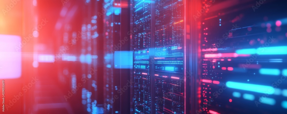 Aufkleber close-up view of fiber optic cables and network interfaces illuminated by blue and red lights in a m