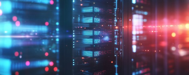 Close-up view of fiber optic cables and network interfaces illuminated by blue and red lights in a modern data center
