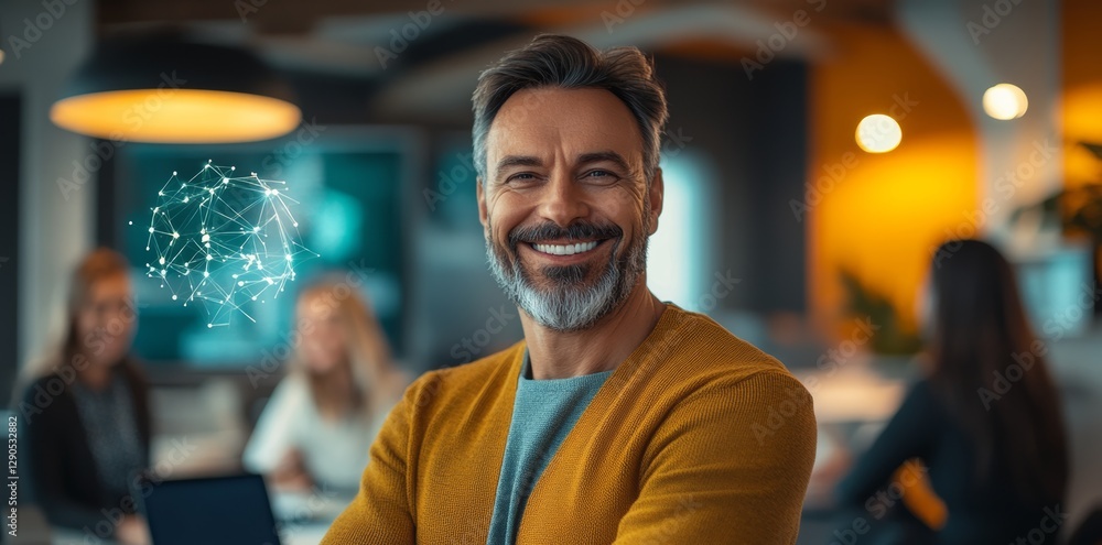 Poster man is smiling in front of a computer monitor with a blue circle on it. concept of technology and in