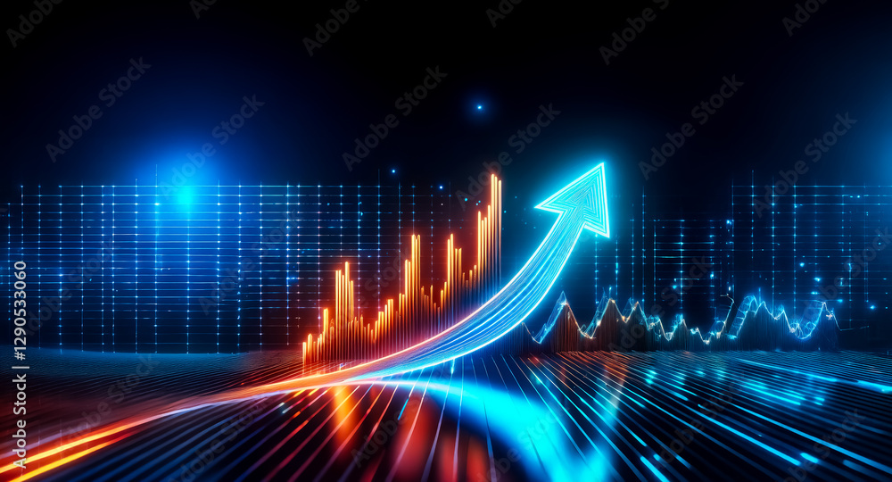 Fototapete a vibrant blue arrow dynamically surges upward against a backdrop of glowing orange and blue graphs 