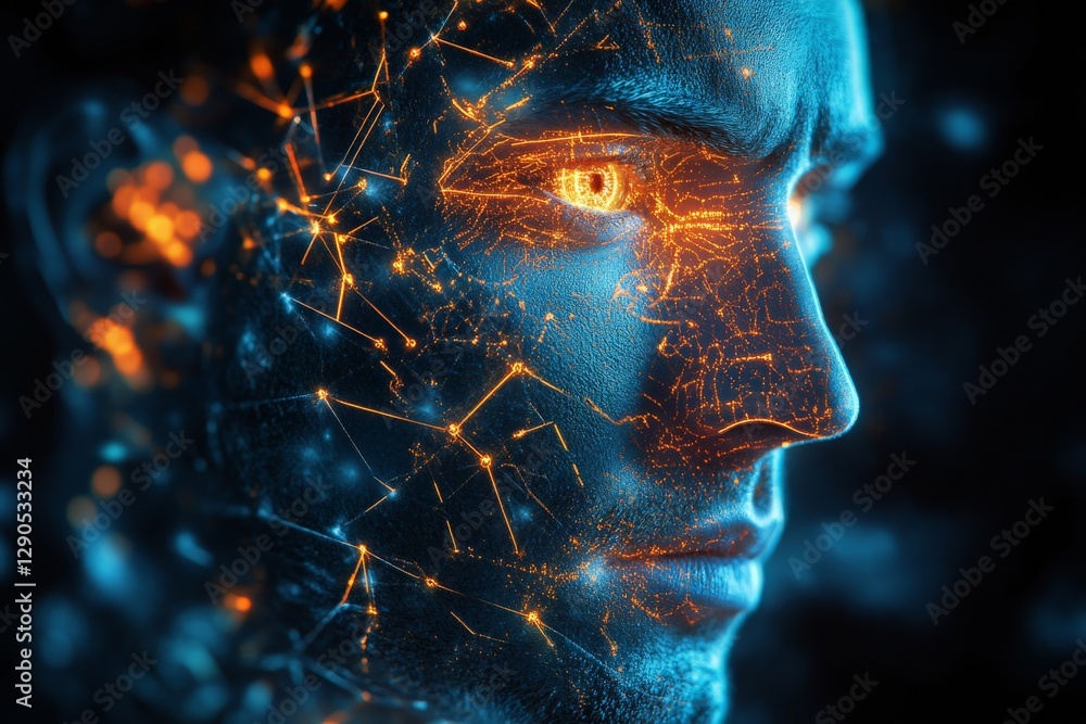 Poster Portrait of a futuristic human face illuminated by glowing connections in a dark environment reflecting digital transformation