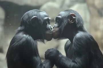 Bonobo Apes Kissing in Zoo Enclosure