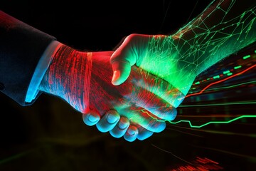 Futuristic handshake with digital and human integration symbolizing technology and collaboration