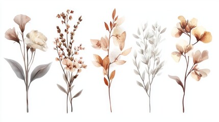 Collection of delicate watercolor floral stems with soft earthy tones