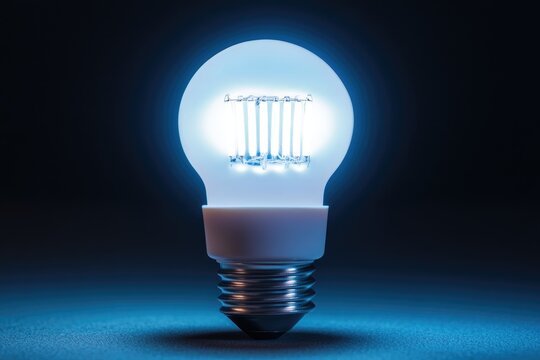 A glowing LED light bulb, illuminating the darkness with its bright blue light.