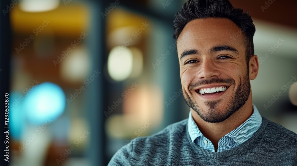 Poster man with a beard and a smile is smiling in front of a window. concept of warmth and happiness, as th