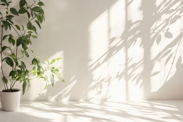Gentle Sunlight Casts Intricate Shadows of Indoor Plants on a White Wall in a Serene Space During a Bright Morning