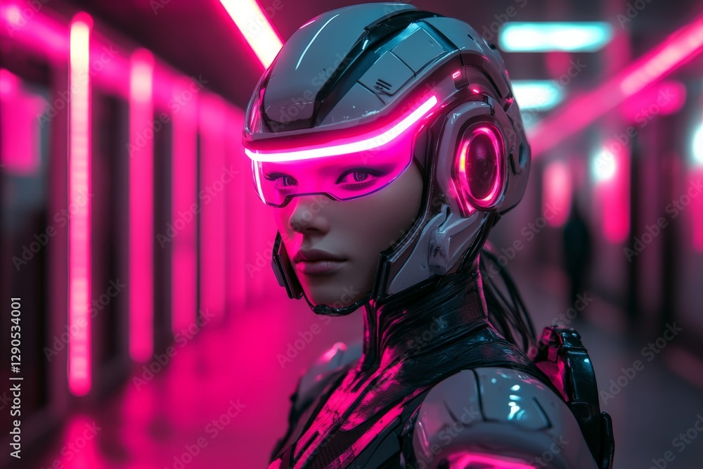 Poster Futuristic humanoid robot in vibrant neon-lit corridor conveying advanced technology and innovation