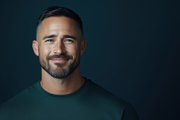 Fototapeta premium Confident man with a short beard smiling warmly in a dark green shirt against a dark background. Professional and approachable