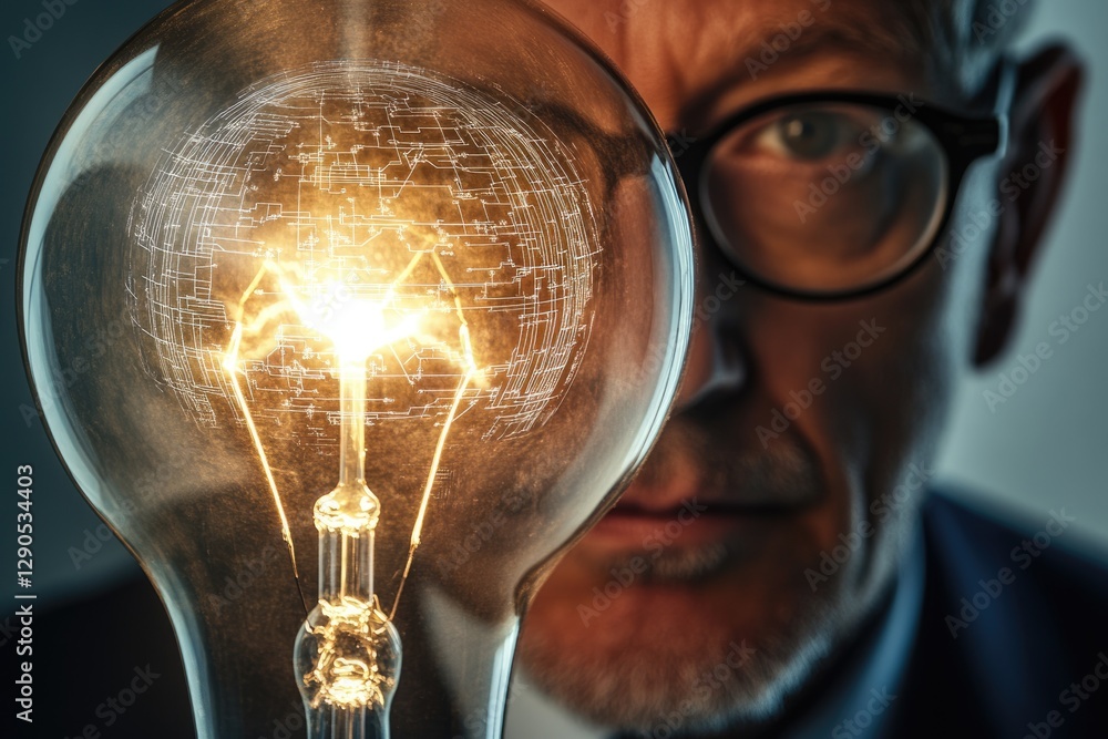 Poster a man with glasses examines a glowing lightbulb with circuit patterns, symbolizing innovation and id
