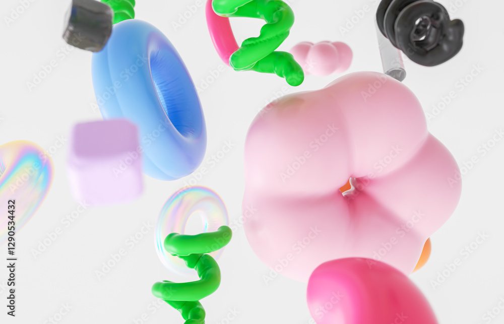 Aufkleber Abstract geometric shape floating on white isolated background. memphis style in spring concept. 3d rendering