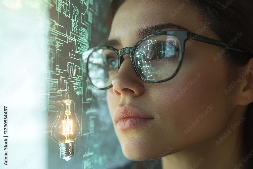 Poster a woman wearing glasses gazes at a screen displaying code and a glowing lightbulb, symbolizing innov