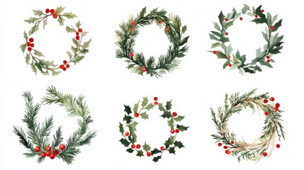 Variety of festive holiday wreaths with greenery and red berries