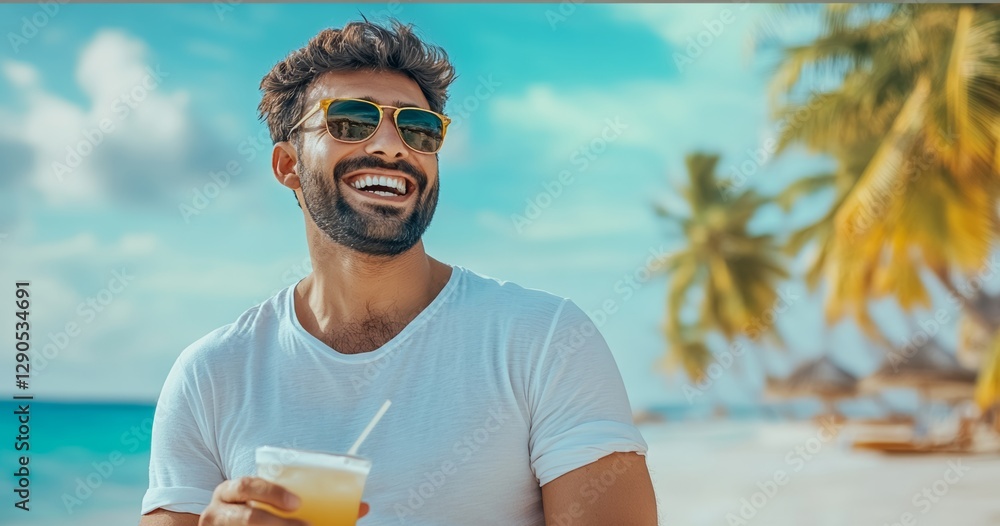 Poster man with a straw in a glass of juice is smiling and standing on a beach. concept of relaxation and e