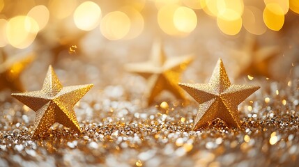 Golden glittery stars glittered on the sparkling gold background