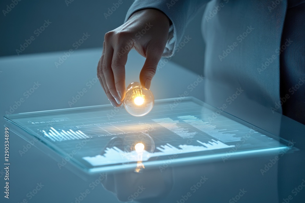 Poster a hand places a glowing lightbulb onto a glass surface displaying data charts, symbolizing innovativ