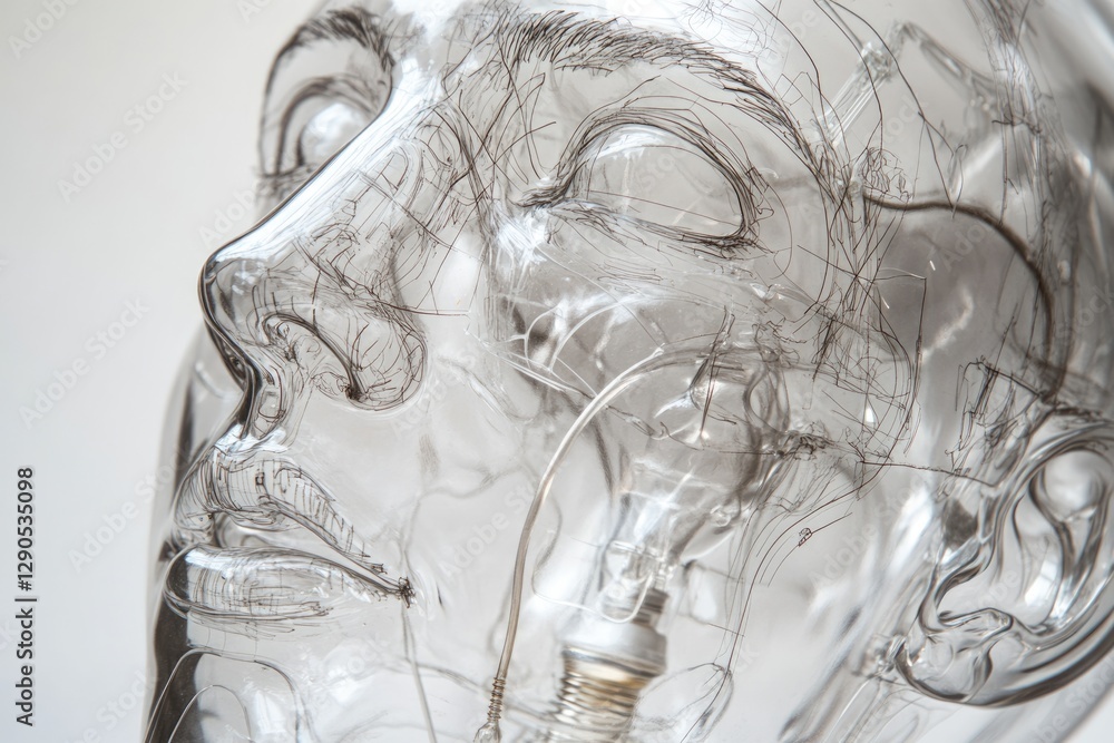 Poster a transparent head sculpture with embedded light bulb and hair-like lines, creating an ethereal and 