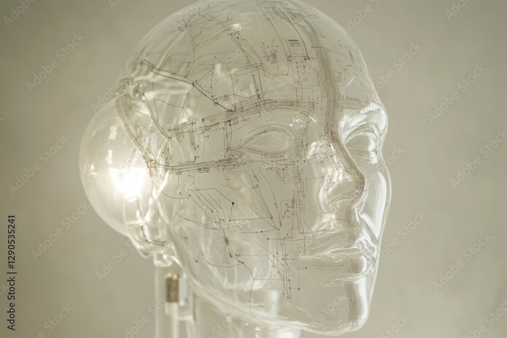 Aufkleber a transparent head sculpture with internal circuitry resembling a brain's neural pathways.