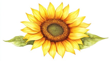 Fototapeta premium Vibrant yellow sunflower bloom with green leaves on white background