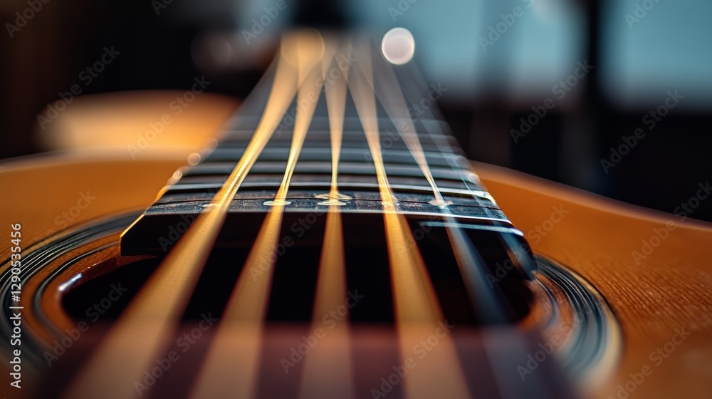 Poster close up of a guitar neck with the strings visible. concept of intimacy and focus on the instrument