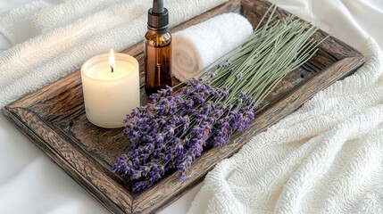 Relaxing Spa Setting with Lavender Candle and Oil