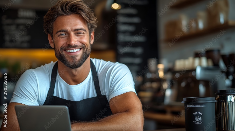 Poster man with a big smile is sitting at a counter with a laptop and a cup of coffee. he is enjoying his t