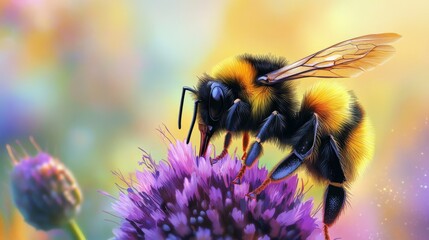 Vibrant bumblebee on purple flower with colorful background