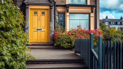 Yellow front door with a white mailbox. The house is surrounded by bushes and has a green fence