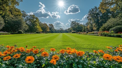 Obraz premium Bright Sun Shining Over a Vibrant Wildflower Field With Blooming Flowers Under a Clear Blue Sky in Springtime