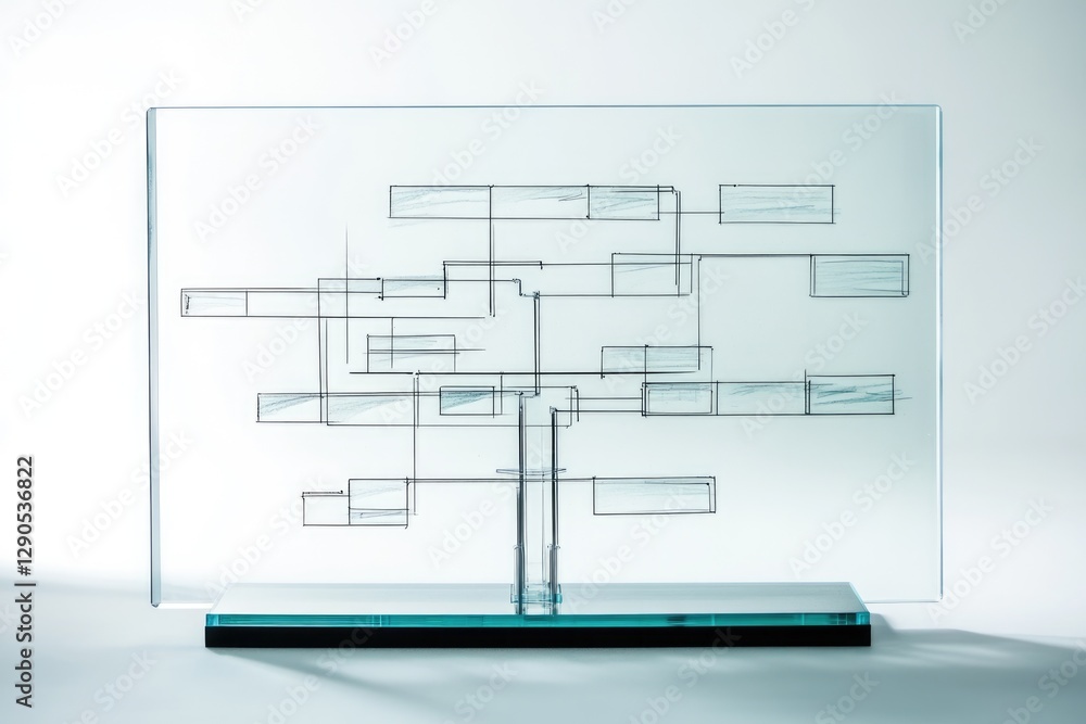 Poster a glass panel displays a pencil sketch of an abstract architectural design, showcasing interconnecte