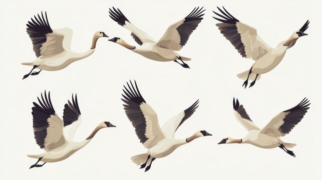Illustrated set of flying geese with detailed feather patterns