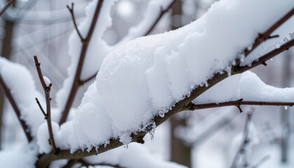 A close-up of tree branches covered in snow with tiny melting droplets forming, symbolizing the beginning of the thaw.