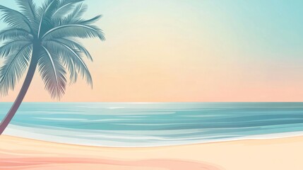 Serene tropical beach sunrise with palm tree and gentle ocean waves