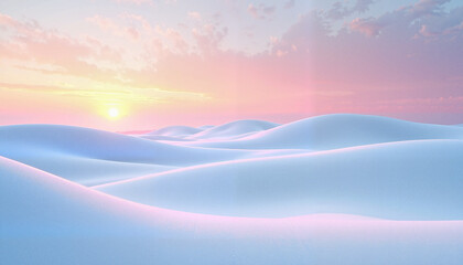 Smooth snow-covered hills bathed in the soft glow of the setting sun, creating a peaceful scene of winter&rsquo;s gradual end.