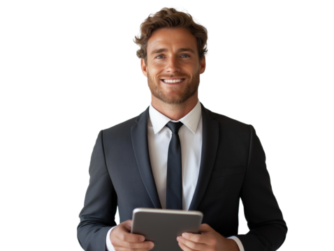 a businessman holding a tablet with a smile.