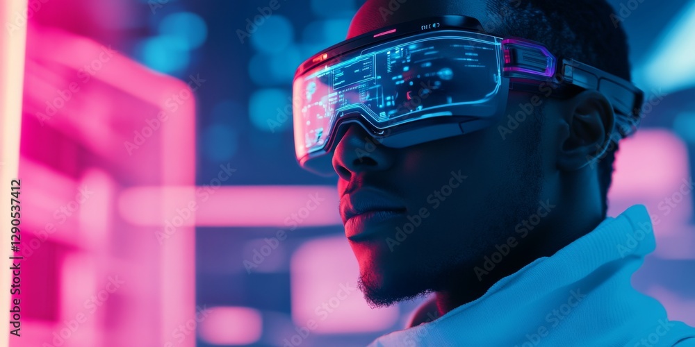 Poster a focused individual wears futuristic glasses in a vibrant setting filled with colorful lights. this
