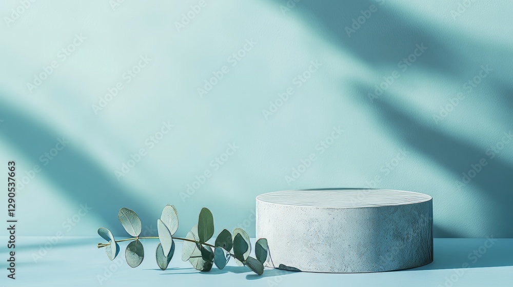 Poster elegant display featuring a round pedestal and eucalyptus leaves against a soft blue background crea