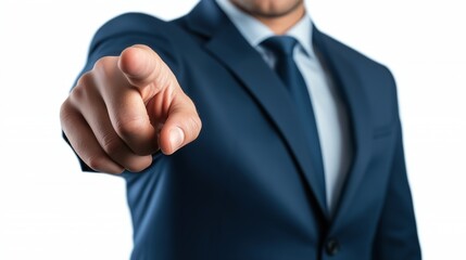 Businessman pointing finger forward against white background, authority and leadership, professional decision-making