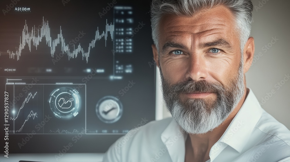 Poster man with a beard and a white shirt is standing in front of a computer monitor with a graph on it