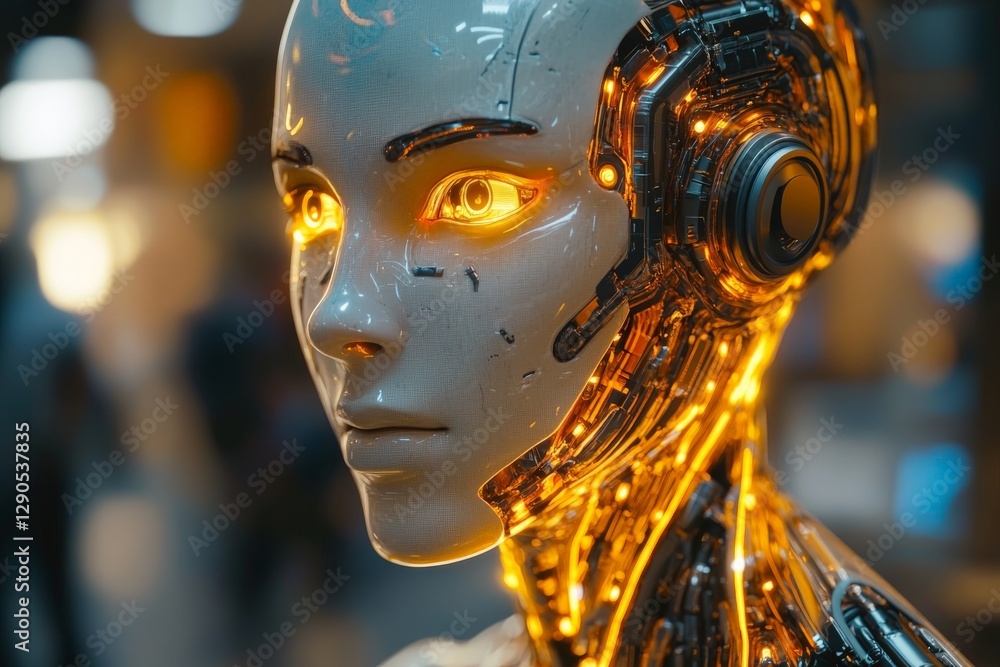 Leinwandbilder advanced robotic figure with illuminated features in a futuristic urban environment