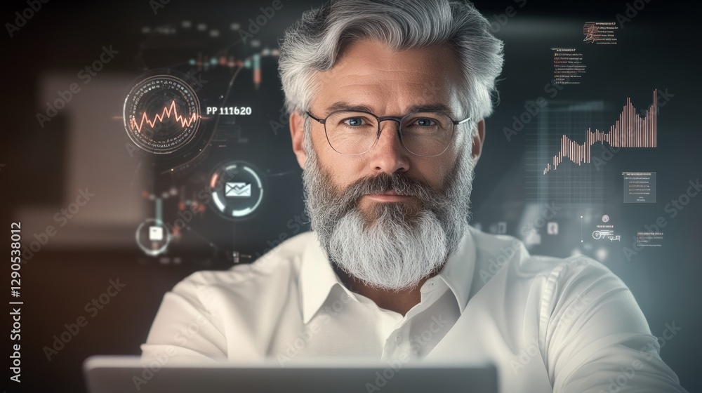 Poster man with a beard and glasses is looking at a computer screen with a lot of graphs and numbers