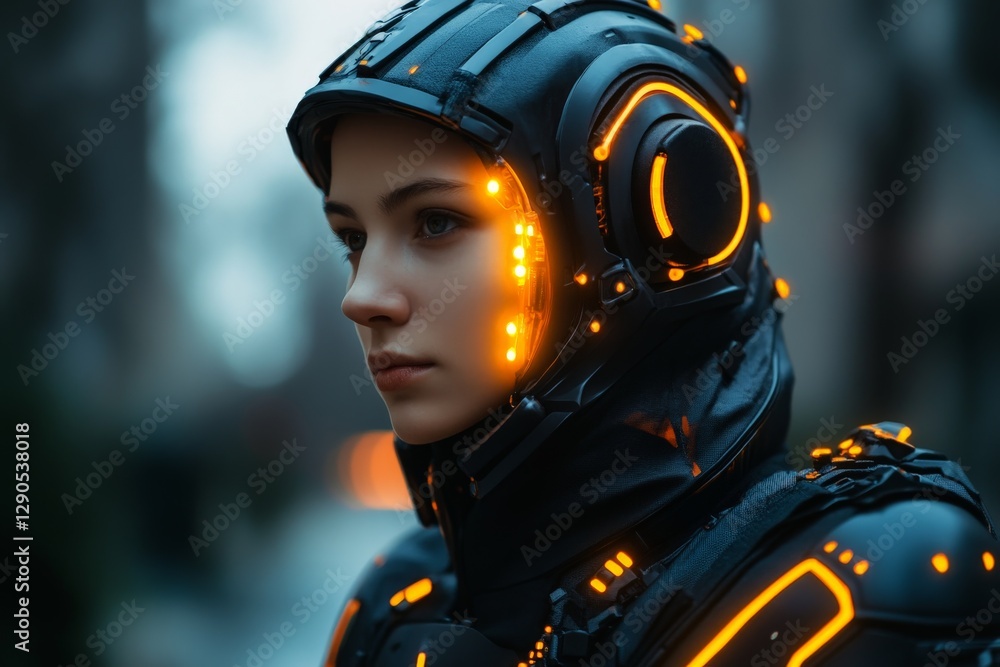 Poster futuristic character in illuminated suit stands against urban background during twilight in a cyberp