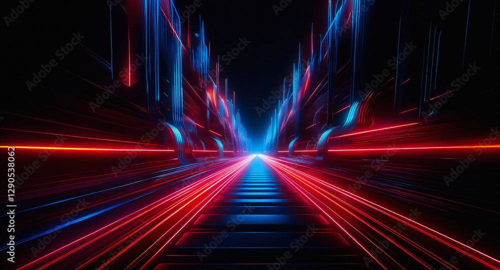 Poster a dynamic abstract image features vibrant red and blue light streaks converging towards a vanishing 