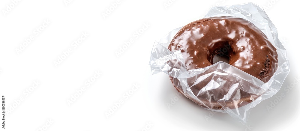 Poster chocolate donut wrapped in clear plastic positioned on the left side of a white background with ampl