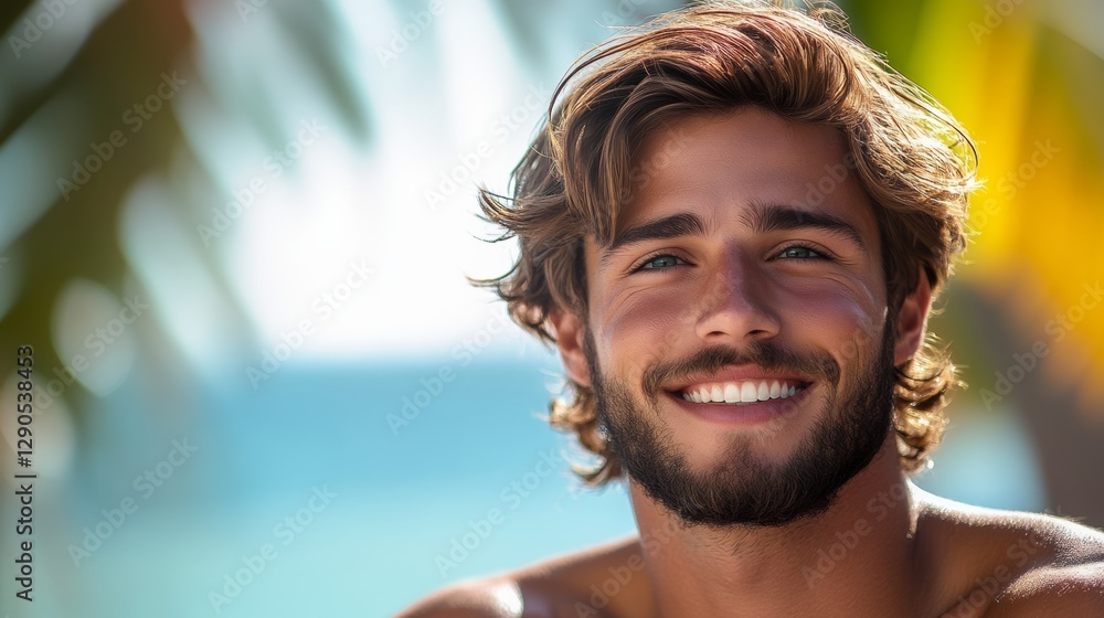 Poster man with a beard and a smile is posing for a picture. he is wearing a shirt and shorts and is smilin