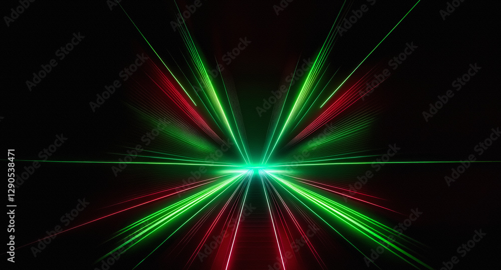 Poster abstract light rays burst outwards on a dark backdrop. green and red streaks emanate from a central 