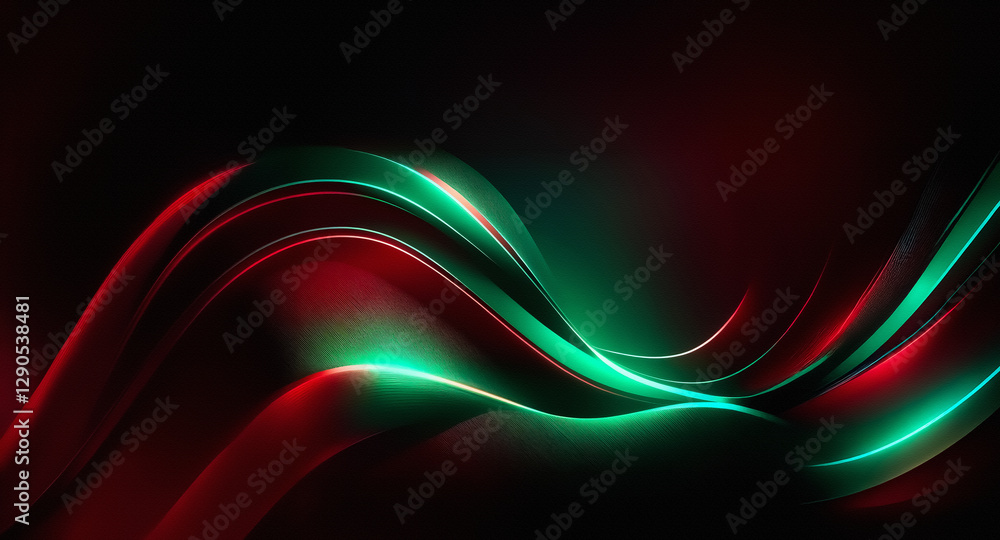 Poster abstract image featuring vibrant green and red flowing lines. shiny, luminous waves against a dark b