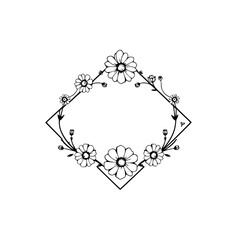 Intricate floral doodle frame. A black and white linear diamond-shaped frame with daisies and other floral elements.