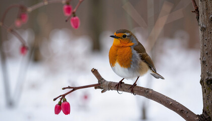 Fototapeta premium A robin perched on a snowy branch as the snow begins to melt, signaling the arrival of spring.