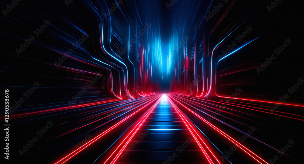 Aufkleber futuristic tunnel with vibrant red and blue neon lights receding into the distance creating an abstr